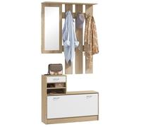 HomCom – Ensemble d'entrée design blanc effet bois clair – 3 en 1 miroir & banc, 6 crochets