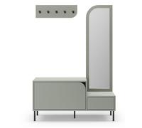 Meuble d'entrée, meuble à chaussures aspect bois coloris vert avec miroir et portant, pieds en métal noir