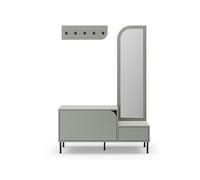 Meuble d'entrée, meuble à chaussures aspect bois coloris vert avec miroir et portant, pieds en métal noir - Longueur 112 x Profondeur 38,50 x Hauteur