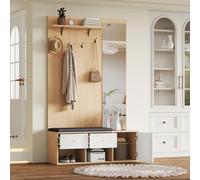 Meuble d'Entrée Moderne 120cm Blanc et Bois | Vestiaire Tout-en-Un avec Banc, Miroir, Penderie et Rangement Chaussures