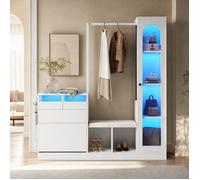 Meuble d'entrée multifonction 6 en 1 avec LED, miroir pivotant, banc à chaussures et vitrine, blanc - UVRION