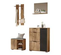 Meuble D'Entrée Naturel&Noir 140x35x139cm,Armoire Murale,Banc À Chaussures,1 Miroir, 1 Tiroir, 2 Crochets, 4 Portes, Entrée Maison