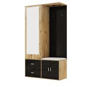 Meuble d'entrée noir et bois avec miroir - Armoire à chaussures intégrée - Tabouret et cintres inclus - Organisation élégante