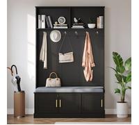 Meuble d'Entrée - Novélys - 120cm - avec Banc, Penderie & Rangement - Vestiaire Design Sculpté - Noir