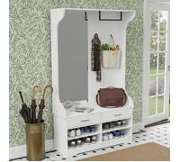Meuble d'Entrée - Novélys - avec Banc, Miroir, Penderie & Rangement à Chaussures - Vestiaire Complet Tout-en-Un - Blanc
