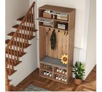 Meuble d'entrée vestiaire avec banc a chaussures 5 crochets 2 abattants 6 niches blanc decor bois Grjofek
