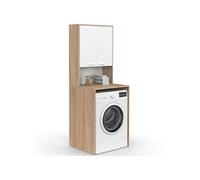 IDMarket - Meuble Dessus de Machine à Laver Wallis Bois façon hêtre, Blanc | Avec placard