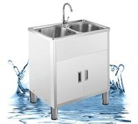 Meuble d'évier utilitaire, évier de cuisine à double cuve sur pied avec robinet chaud et froid et kit de vidange, rangement extérieur pour garage, buanderie, salle de bain, utilisation commerciale