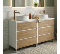 Meuble double vasque à poser L. 120 cm sur pied Blanc laqué 6 tiroirs Chêne naturel LISBONA - sans colonne