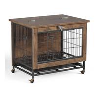 Meuble en bois robuste pour chien - Table de salon intérieure avec roulettes, portes doubles, plateau amovible, conception anti-souffrance et verrouillable - Pour chiens petits et moyens - Teinte brun