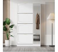 Meuble entrée blanc moderne avec miroir, 4 casiers rabattables, étagère réglable, 80x24x147cm, idéal rangement chaussures