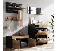 Meuble entrée modulable MDF noir bois 156x36x176cm banc miroir patères rangement chaussures salon maison