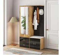 Meuble entrée noir/bois - miroir - armoire chaussures - tabouret cintres inclus - organisation élégante