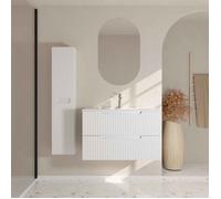 Meuble et colonne de Salle de Bains LEON 80cm Blanc Neige - Façades Ondulées - Vasque Blanche Mate