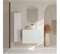Meuble et colonne de Salle de Bains LEON 80cm Blanc Neige - Façades Ondulées - Vasque Ronde 36cm
