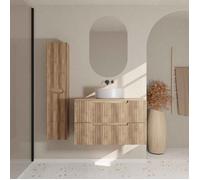Meuble et colonne de Salle de Bains LEON 80cm Décor Bois - Façade Ondulée - Vasque Ronde 36cm