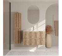 Meuble et colonne de Salle de Bains LEON 80cm Décor Bois - Façades Ondulées - Vasque Blanche Mate