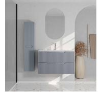 Meuble et colonne de Salle de Bains LEON 80cm Gris Souris - Façades Ondulées - Vasque Blanche Mate