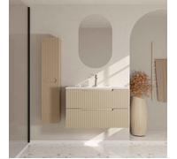 Meuble et colonne de Salle de Bains LEON 80cm Marron Glacé - Façades Ondulées - Vasque Blanche Mate