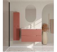 Meuble et colonne de Salle de Bains LEON 80cm Terracotta - Façades Ondulées - Vasque Blanche Mate