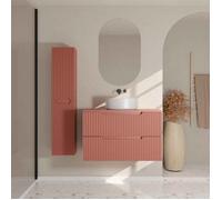 Meuble et colonne de Salle de Bains LEON 80cm Terracotta - Façades Ondulées - Vasque Ronde 36cm