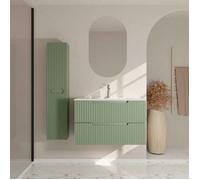 Meuble et colonne de Salle de Bains LEON 80cm Vert Olive - Façades Ondulées - Vasque Blanche Mate