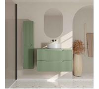 Meuble et colonne de Salle de Bains LEON 80cm Vert Olive - Façades Ondulées - Vasque Ronde 36cm