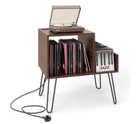 Meuble Étagère sur Table COSTWAY, Meuble Disque Vinyle pour 145 Albums, Station de Charge, 4 Pieds Amovibles, 3 Séparateurs, Noyer