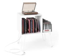 Meuble Étagère sur Table COSTWAY, Meuble Disque Vinyle pour 145 Albums, Station de Charge, 4 Pieds Amovibles, 3 Séparateurs, Blanc