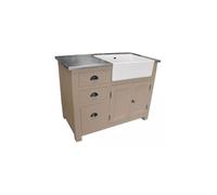 Meuble évier de cuisine en pin massif, évier céramique inclus - Straight : Finition - Pin naturel brut, Plateau - Chêne massif naturel