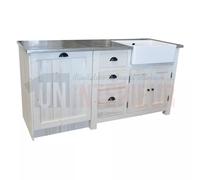 Meuble évier lave-vaisselle de cuisine en pin massif, évier timbre à droite - Straight : Finition - Pin naturel brut, Plateau - Chêne massif naturel