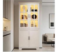 Meuble haut blanc, 2 grilles vitrées et 2 portes pleines, bibliothèque 80x38x180cm, 5 compartiments, panneaux de particules, vitrine
