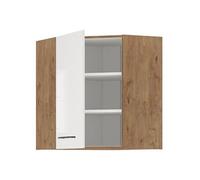 Meuble haut d'angle - Mélaminé chêne Lancelot et blanc brillant - 58 x 58 cm