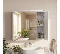 Meuble haut de salle de bain, 3 Portes Miroir, avec Éclairage, Étagères Ajustables, 15 x 70 x 60 cm, Blanc