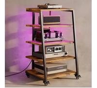 Meuble HiFi à 5 étagères avec roulettes, Support pour platine vinyle, Meuble audio/vidéo, Avec bande LED et prises multiples