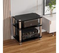 Meuble HiFi Verre Trempé Support Audio Stéréo AV Cabinet Média Rangement | Support Média Modulaire avec Pointes Découplage Anti Vibration pour Platine Vinyle Ampli(Black,3-Tier)