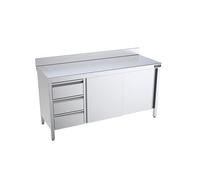 Meuble Inox Bas avec Portes Coulissantes, Dosseret et Tiroirs à Gauche - L 1400 x 600 mm