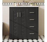 Meuble-lavabo autoportant - 76x46,5x85,5 cm - Noir - MDF et céramique - Finition laquée - 3 tiroirs silencieux