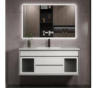 Meuble lavabo de salle de bain cannelé de 172,7 cm avec comptoir en ardoise blanche, design moderne en bois de chêne, idéal pour les petites salles d'eau, robinet et drain inclus