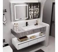 Meuble-lavabo de salle de bain moderne suspendu, meuble-lavabo mural avec lavabo intégré en roche et 3 tiroirs en bois, armoire de rangement pour salle de bain 110cm F
