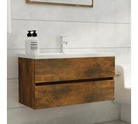 Meuble lavabo en bois contreplaqué chêne fumé 90 x 38,5 x 45 cm avec grand tiroir de rangement, design élégant et lignes épurées pour salle de bain, résistant et stable, finition
