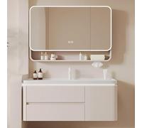 Meuble-lavabo Mural de Salle de Bain, Meuble-lavabo Flottant avec Évier, Miroir Et Armoires Antibuée À LED Intelligents, Armoire de Rangement À Étagères Ouvertes avec Trou pour Mouchoirs, 40 Po