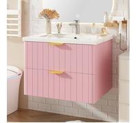 Meuble-lavabo suspendu - LANGTU - 1 vasque - MDF hydrofuge - 2 niveaux de rangement - Rose