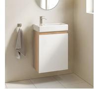 Meuble lave-mains suspendu WC TOMI 1 porte façon hêtre et blanc avec vasque céramique blanche
