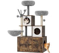 Meuble Litière avec Arbre à Chat - Cache-Toilettes Et Cabane Intégrés avec Grattoir Sisal Et Plateforme Doudou - Meuble Chat Moderne en Bois-Marron