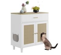 Meuble Litiere Chat avec 2 Rotin Porte,Maison de Toilette Chat Caché en Bois avec Tiroirs,Armoire à litière à Trou d’Entrée Latéral,Table d'appoint pour Salon,Chambre,Bain(82.5x80x40cm,Blanc)