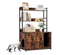 Meuble Litiere Chat avec Trou d’Entrée Latéral& Ouvert Compartiment Rangement,Armoire à litière avec Plan de Travail et 2 étagères.Maison pour Chat pour Salon,Chambre,Bain(132x45x90cm,Brun)