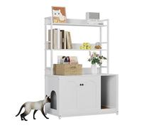 Meuble Litiere Chat avec Trou d’Entrée Latéral& Ouvert Compartiment Rangement,Armoire à litière avec Plan de Travail et 2 étagères.Maison pour Chat pour Salon,Chambre,Bain(132x45x90cm,Blanc)