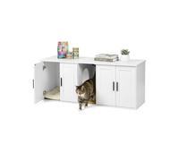 Meuble Litière Chat Grande Maison de Toilette Bois avec Tapis Griffoir, Cache Litière Double pour Grands Chats, 145cm Meuble Chat Intérieur en Bois, 145x49x51cm, Blanche