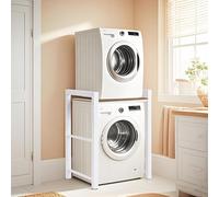Meuble Machine à Laver Étagère de Rangement, Superposition Lave-linge et Sèche-linge en Acier et Bois Massif, Étagère de Salle de Bain, 3 Hauteurs Réglables, Capacité Charge 350kg, 75x65x105cm, Blanc
